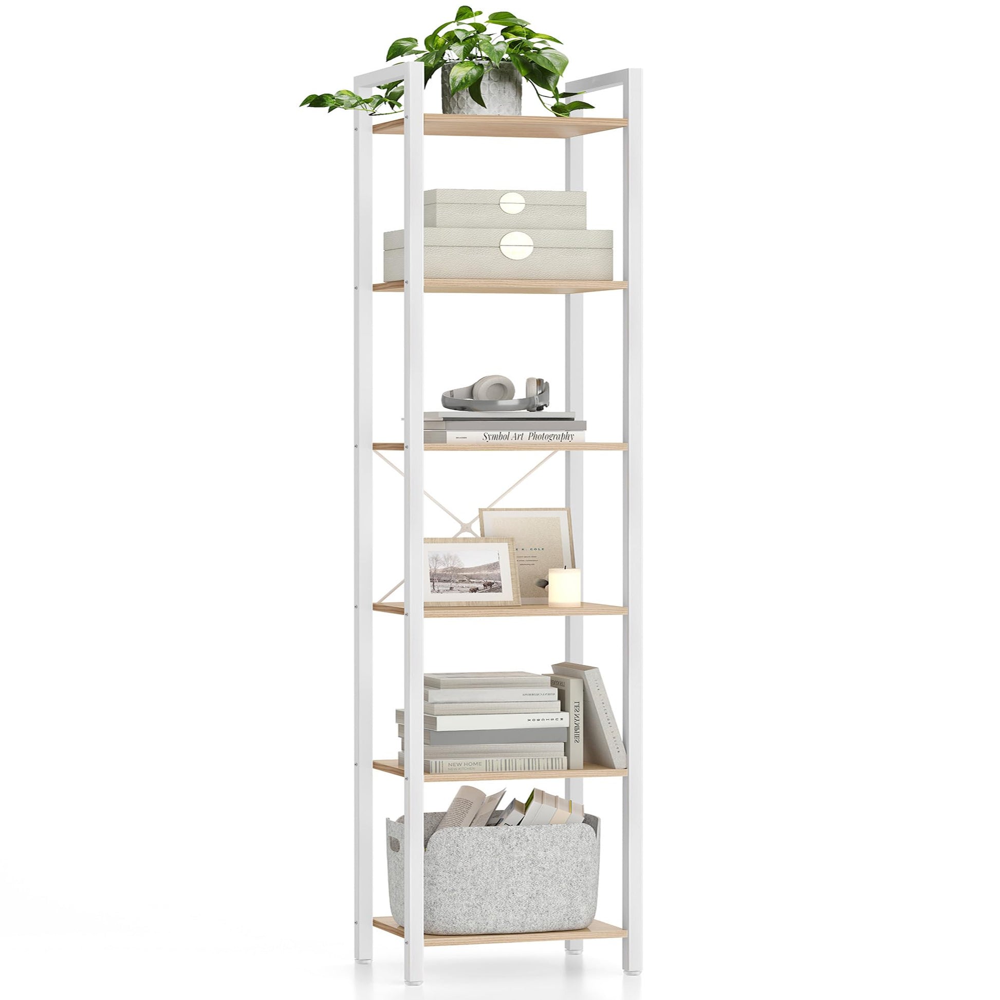 VASAGLE Bücherregal LLS101N01 mit 6 Ebenen, naturbeige-mattweiss, Standregal mit Stahlrahmen