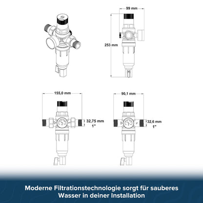 AQUA HEATING Wasserdruckminderer 1 Zoll mit Manometer & selbstreinigendem Siebfilter