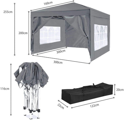 ISE Faltpavillon 3x3m mit Seitenwänden UV-Schutz 50+ – Grau