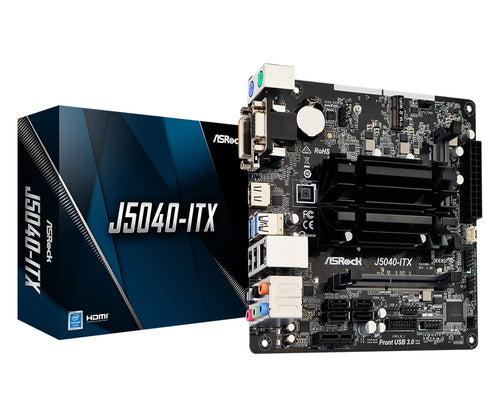 ASRock J5040-ITX Mini-ITX Mainboard mit Intel J5040 CPU, eine kompakte schwarze Platine. Es dient als Basis für sparsame PC-Systeme.