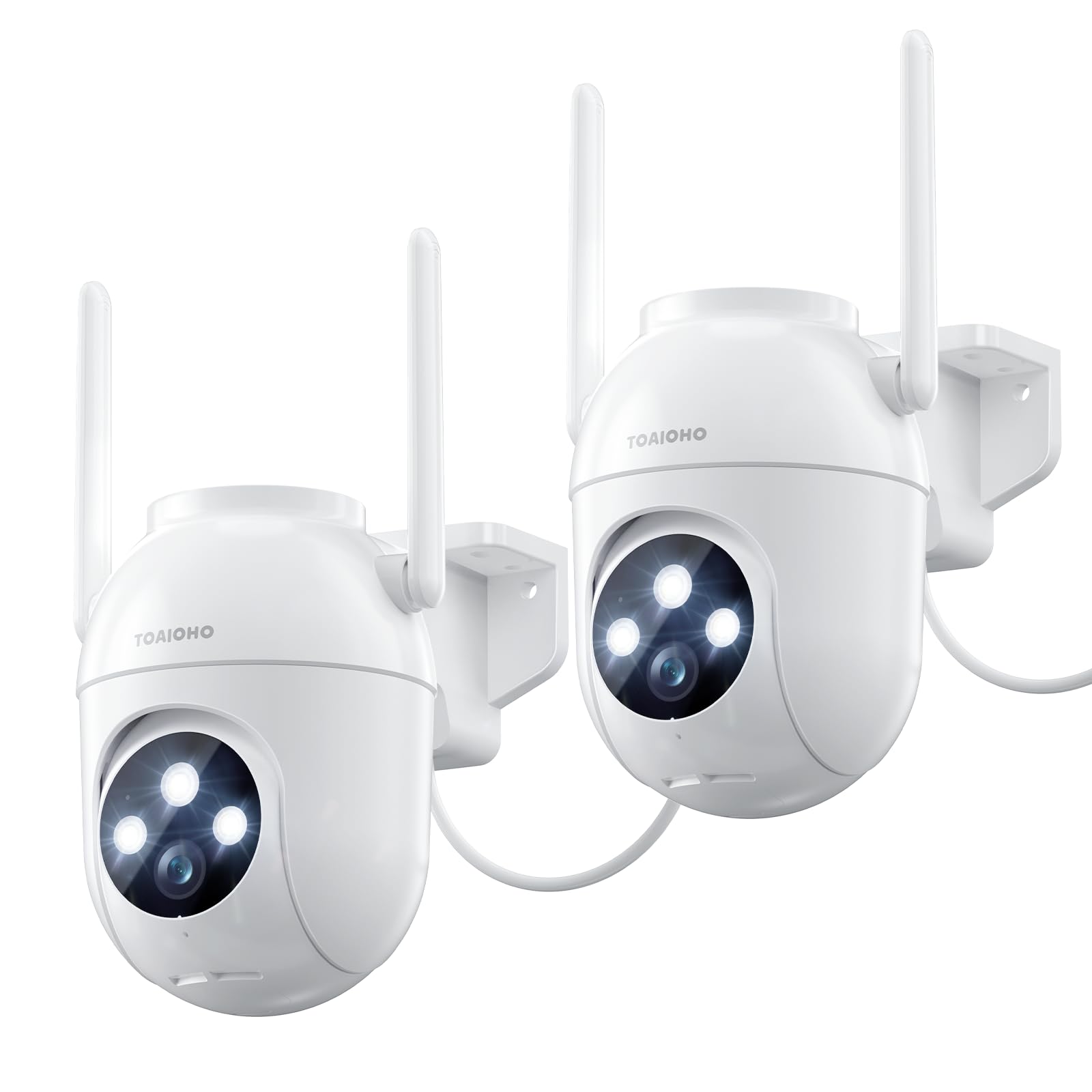 Smart 5MP WLAN Überwachungskamera Aussen PTZ - 2er Set: Zwei weiße, schwenkbare Kameras für die Aussenüberwachung.