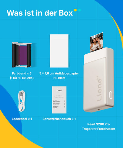Liene Pearl N200 Pro Mini Fotodrucker mit 50 Fotos und 5 Farbbändern