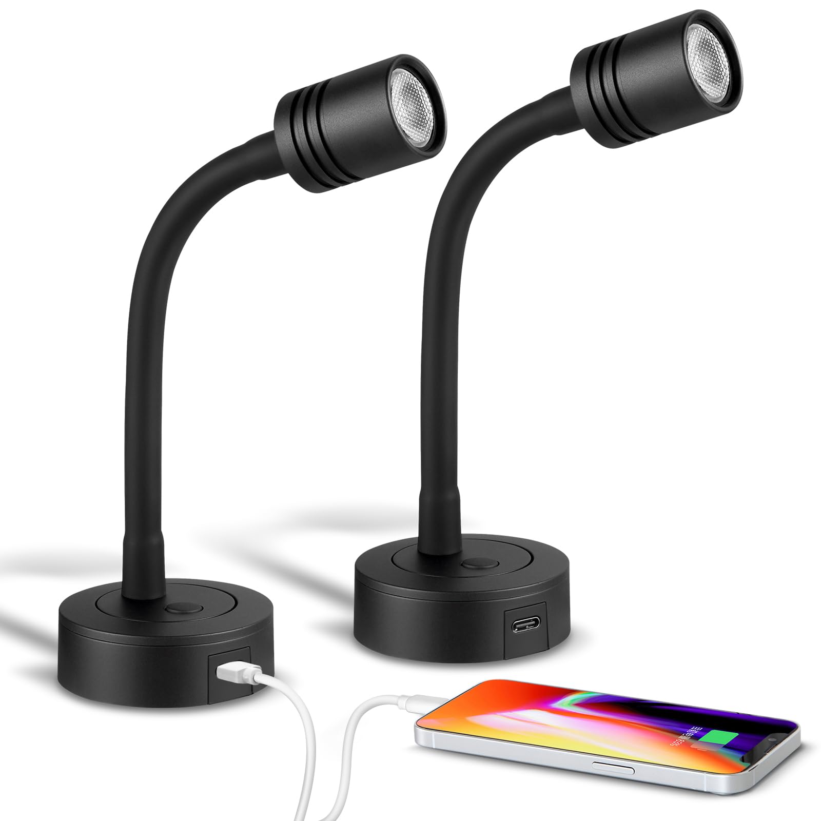 Obeaming 12V LED Leselampe Schwanenhals dimmbar für Wohnmobil, 2er Set mit USB-C-Anschluss