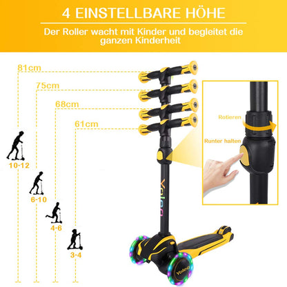 Yoleo Kinderscooter Dreirad Leuchtrollen höhenverstellbar - Gelb