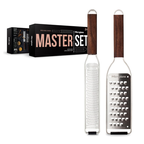 Microplane Master Reiben-Set - Zester & Extra-Grob Nussbaum. Edelstahl-Reiben mit Nussbaumholz-Griffen zum präzisen Zesten und Grobreiben.