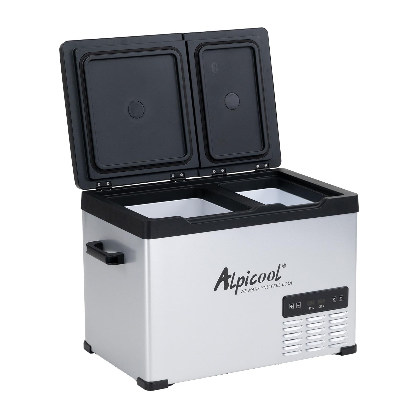 Alpicool CHS45 Kompressor Kühlbox 32L – Dualzone Tragbar. Rechteckige graue 32L Kompressor-Kühlbox mit zwei Temperaturzonen zum Kühlen oder Gefrieren.