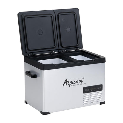 Alpicool CHS45 Kompressor Kühlbox 32L – Dualzone Tragbar. Rechteckige graue 32L Kompressor-Kühlbox mit zwei Temperaturzonen zum Kühlen oder Gefrieren.