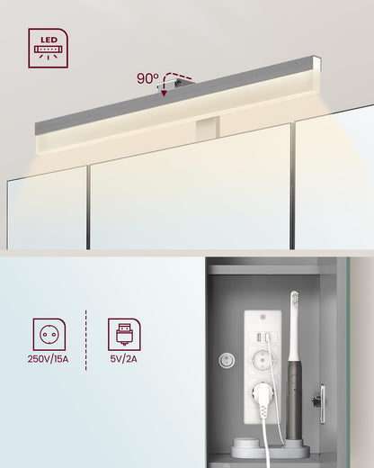 VASAGLE Spiegelschrank LED Steckdosen wolkenweiss-Taubengrau BBK126G01