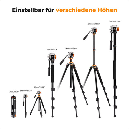K&F CONCEPT Videostativ K234A7+FH-03 mit Fluidkopf, Aluminium, 200 cm