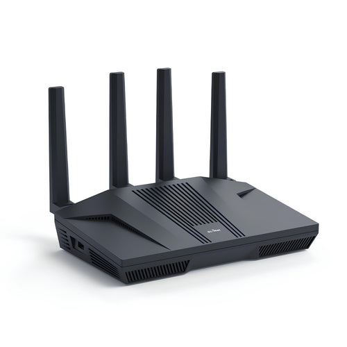 GL.iNet GL-MT6000 Flint 2 WiFi 6 Gaming Router Multi-Gig, schwarz, Antennen. Bietet WiFi 6, Multi-Gig für Gaming.