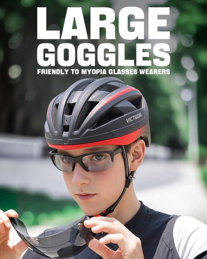 VICTGOAL MTB Fahrradhelm mit Magnetvisier und LED, M, Schwarz Rot