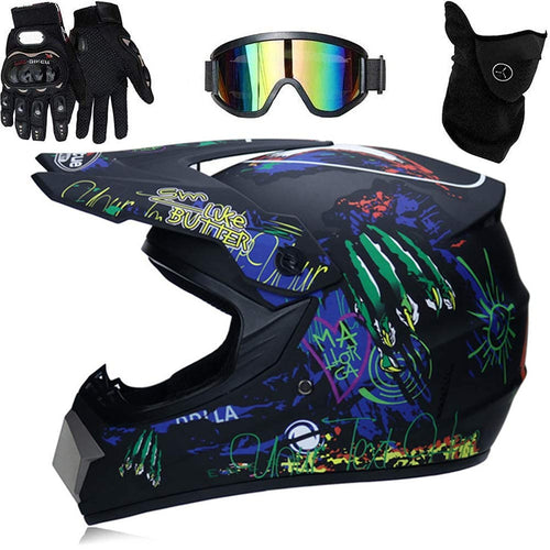 Bonbela Motocross Helm Set 4-teilig mit Schutzbrille und Handschuhen