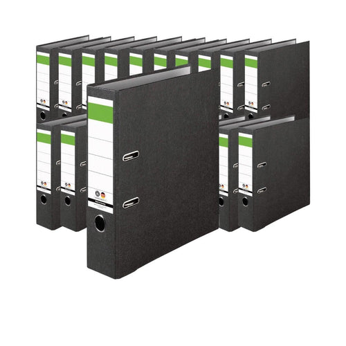 IC-Office Aktenordner A4, 20er Pack, schwarz, 2-Ring-Hebelmechanik, aus Karton, mit grünem Balken am Rückenschild