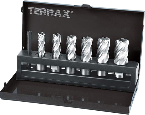 TERRAX Kernbohrer-Satz HSS 7tlg. - A108820, silbergraue Bohrer für präzise Bohrungen in Metall und Werkstoffe.