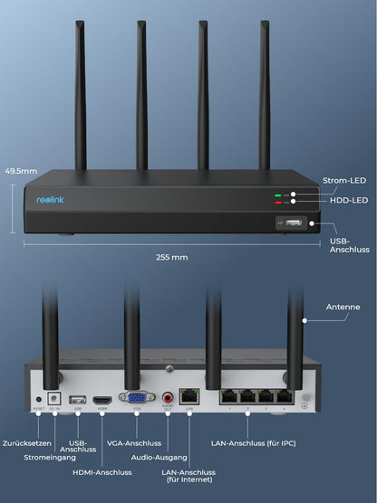 Reolink RLN12W 4K 12-Kanal WLAN NVR mit Wi-Fi 6, 2TB HDD – Schwarz