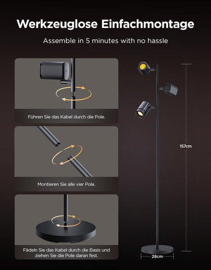 Govee 3-Flammen LED Stehleuchte RGBWW Fokus-Verstellbar Schwarz