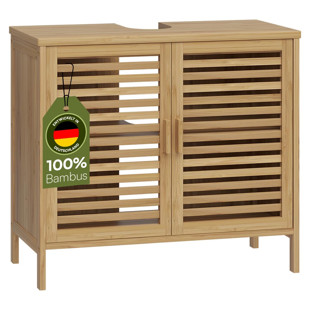 Bellamio Newa Waschbeckenunterschrank – Bambus 60 cm. Rechteckig, aus hellem Bambusholz. Bietet Stauraum unter dem Waschbecken.