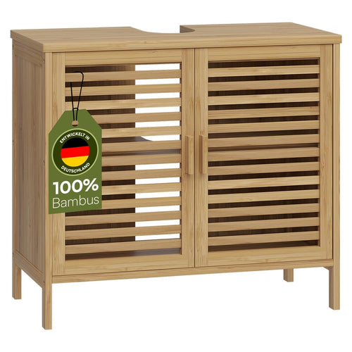 Bellamio Newa Waschbeckenunterschrank – Bambus 60 cm. Rechteckig, aus hellem Bambusholz. Bietet Stauraum unter dem Waschbecken.