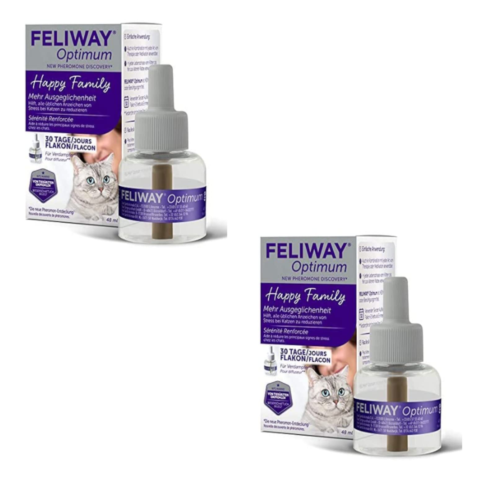 Ceva Feliway Optimum 30-Tage Nachfüllflakon - Doppelpack. Zwei Flakons mit Pheromonen. Beruhigt Katzen bei Stress.