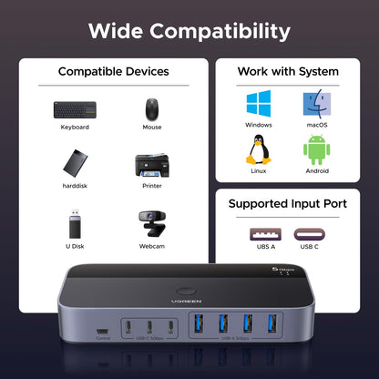 UGREEN USB 3.0 Switch 2 In 7 Out für 2 PCs mit Fernbedienung