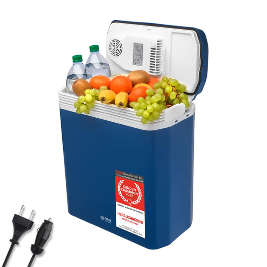 TZS First Austria Kühlbox 24L Elektrisch Kühlen/Wärmen - Blau: Blaue Kühlbox kühlt/wärmt elektrisch Speisen/Getränke.