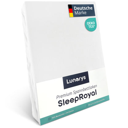 Lunarys® SleepRoyal Luxus Spannbettlaken 180x200cm - Weiss. Weißes Spannbettlaken mit Gummizug, das eine Matratze von 180x200cm bedeckt.