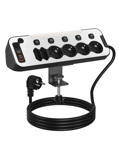 HoniHom Tischsteckdose 6-fach mit USB-C PD 20W, einzeln schaltbar in Schwarz mit Edelstahl-Frontplatte und Tischklemme