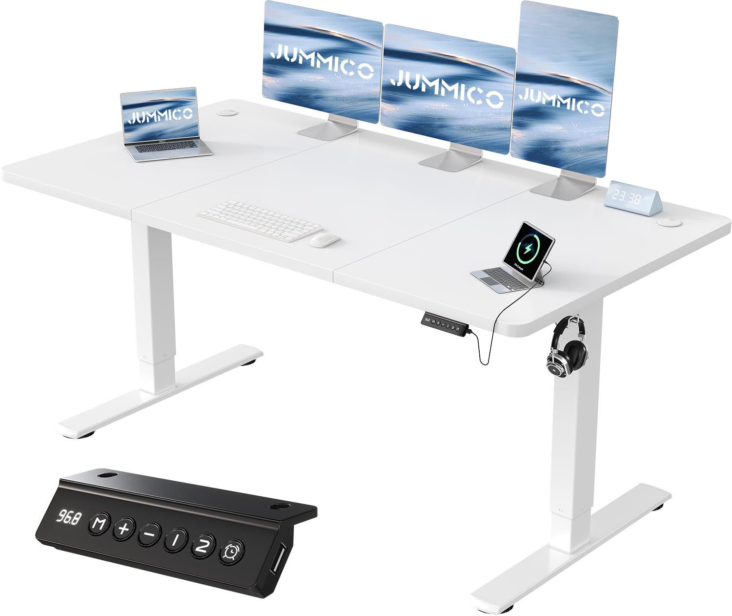 JUMMICO Steh-Sitz Schreibtisch Elektrisch - 160x70cm Weiss USB. Rechteckige, weisse Tischplatte, elektrisch höhenverstellbar mit USB. Ergonomisches Arbeiten sitzend/stehend.