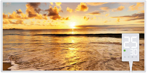 Heidenfeld HF-HP105 Infrarotheizung - 1000 Watt, Strand. Rechteckige Platte mit Strandmotiv. Erzeugt Strahlungswärme zur Raumheizung.