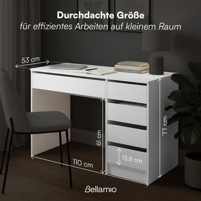 Bellamio Nore Schreibtisch in Weiss mit 5 Schubladen, 110 x 53 cm