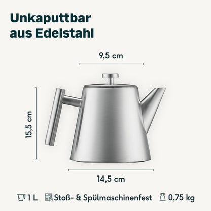 SILBERTHAL Teekanne Edelstahl doppelwandig mit Siebeinsatz 1 L silber