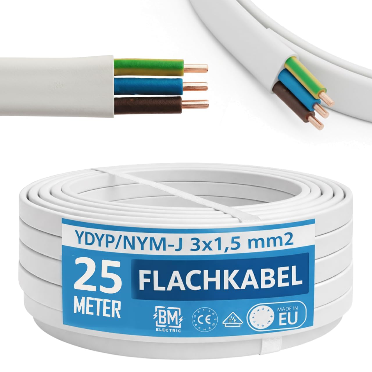 BM Electric NYM Kabel 3x1,5 mm² YDYp Flachkabel 25 m, 300/500 V – dreiadrig, massive Kupferleiter