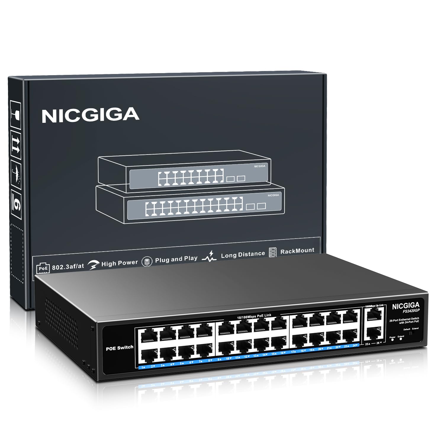 NICGIGA 24 Port PoE+ Switch Unmanaged - 400W, Rackmontage. Schwarz, rechteckig, verbindet und speist Netzwerkgeräte per PoE+.