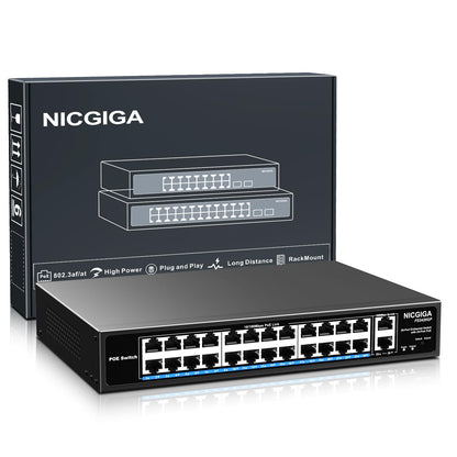 NICGIGA 24 Port PoE+ Switch Unmanaged - 400W, Rackmontage. Schwarz, rechteckig, verbindet und speist Netzwerkgeräte per PoE+.