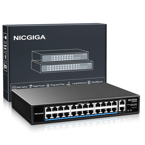 NICGIGA 24 Port PoE+ Switch Unmanaged - 400W, Rackmontage. Schwarz, rechteckig, verbindet und speist Netzwerkgeräte per PoE+.