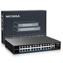 NICGIGA 24 Port PoE+ Switch Unmanaged - 400W, Rackmontage. Schwarz, rechteckig, verbindet und speist Netzwerkgeräte per PoE+.