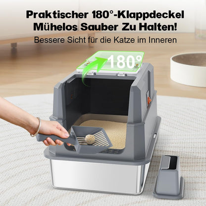 SZEE XL Edelstahl Geschlossene Katzentoilette – Klappdeckel Dunkelgrau