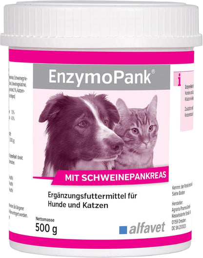 alfavet EnzymoPank Verdauungs-Ergänzungsfuttermittel 500g: Weiße Dose mit beigem Pulver. Optimiert Verdauungsprozesse für Tiere.