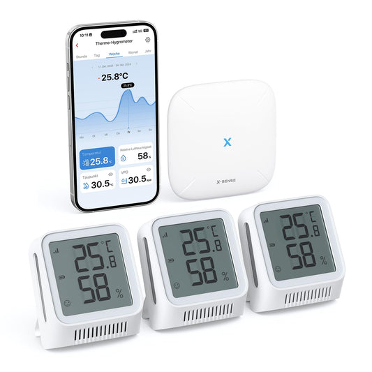 X-sense SBS50 WLAN Thermometer Hygrometer Datenlogger – 3 Sensoren. Weißes Gerät mit 3 Sensoren. Misst/loggt Klima.