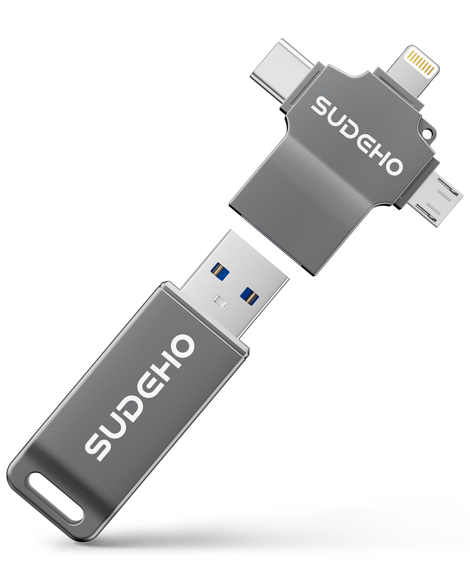 SUDEHO USB Stick 128 GB, 4-in-1 Speicherstick für iPhone, Schwarz aus Zinklegierung mit Schlüsselring-Loch