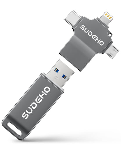 SUDEHO USB Stick 128 GB, 4-in-1 Speicherstick für iPhone, Schwarz aus Zinklegierung mit Schlüsselring-Loch