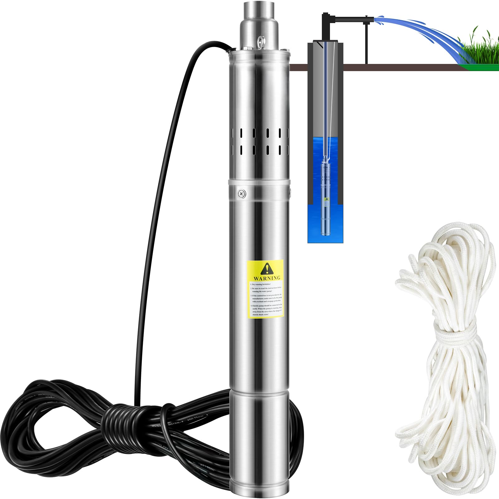 VEVOR Tiefbrunnenpumpe 550 W Tauchpumpe, 35 L/min, 108 m Förderhöhe mit Edelstahlgehäuse und Messingauslass