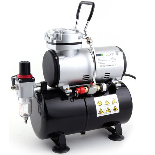 Fengda FD-186 Airbrush Kompressor – Lufttank & Auto-Stop. Schwarzer, kompakter Kompressor mit Drucktank. Liefert Druckluft für feine Airbrush-Anwendungen.