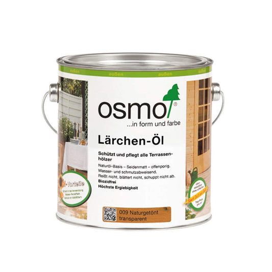 OSMO Lärchen-Öl Naturgetönt 009 Holzöl - 2,5 Liter. Metallkanister mit naturgetöntem Holzöl. Schützt Lärchenholz im Außenbereich.