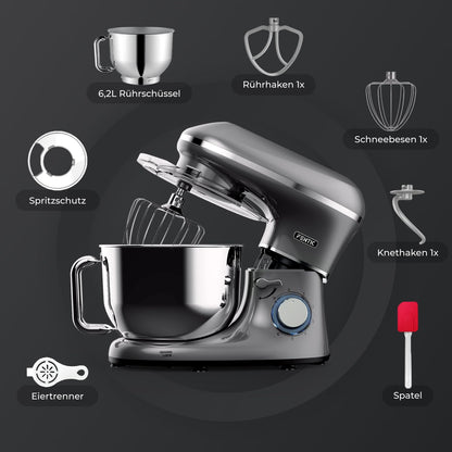 Fentic Küchenmaschine 2000W, 6.2L Edelstahl Rührschüssel - Anthrazit