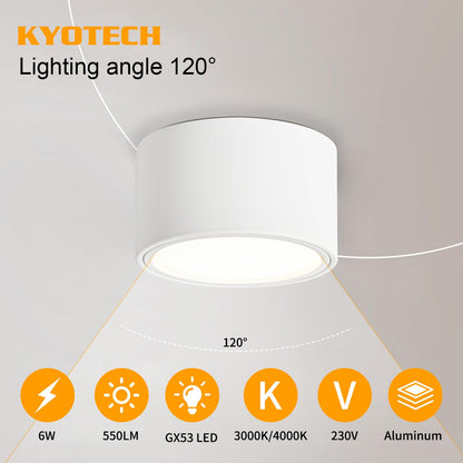 KYOTECH LED Aufbauspot Deckenspot - Weiss Matt 3000K 6W (4er Set)
