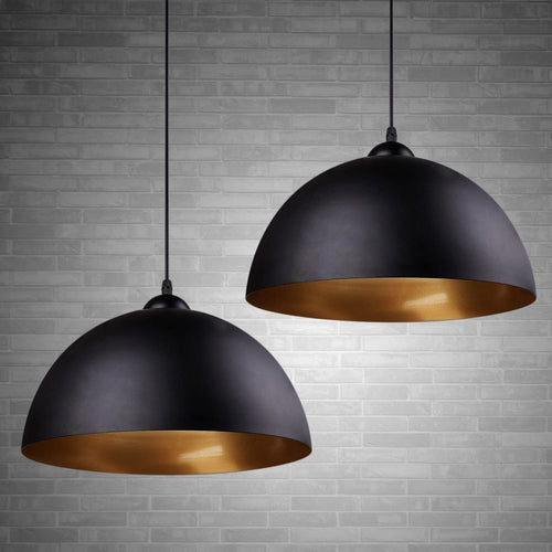 FRIDEKO HOME Pendelleuchte Vintage 2er-Set E27 schwarz-gold Ø30cm, runder Eisenschirm, aussen schwarz, innen gold