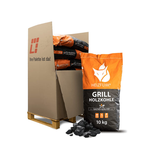 HEIZFUXX Holzkohle Premium Gastro Grillkohle - 120kg Palette. Dunkle, unregelmäßige Holzkohle. Geeignet für professionelles Gastro-Grillen.