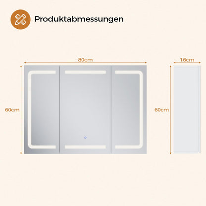 mojiasion Spiegelschrank mit LED-Beleuchtung, Steckdose, 60×80 cm