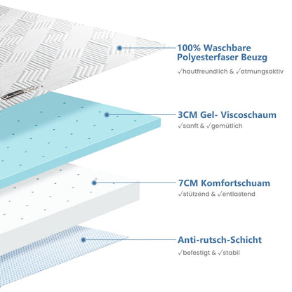 BedStory Gel-Memory-Foam Topper 180x200 cm, H3 & H4, 10 cm hoch